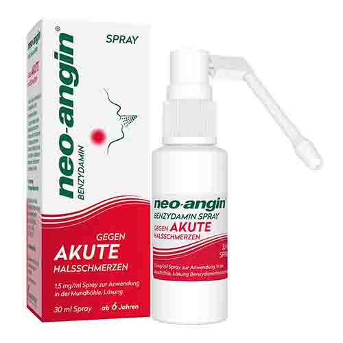 NEO-ANGIN Benzydamin Spray gegen akute Halsschmer.